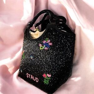 STAUD Black Beaded Tote with Floral Accents